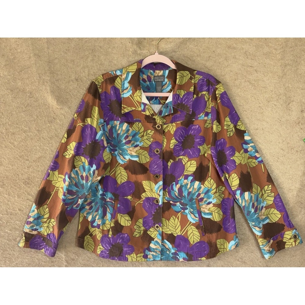 Chicos Blazer Jacket Womens‎ Sz 3 US XL Purple Brown Floral Pockets Stretch